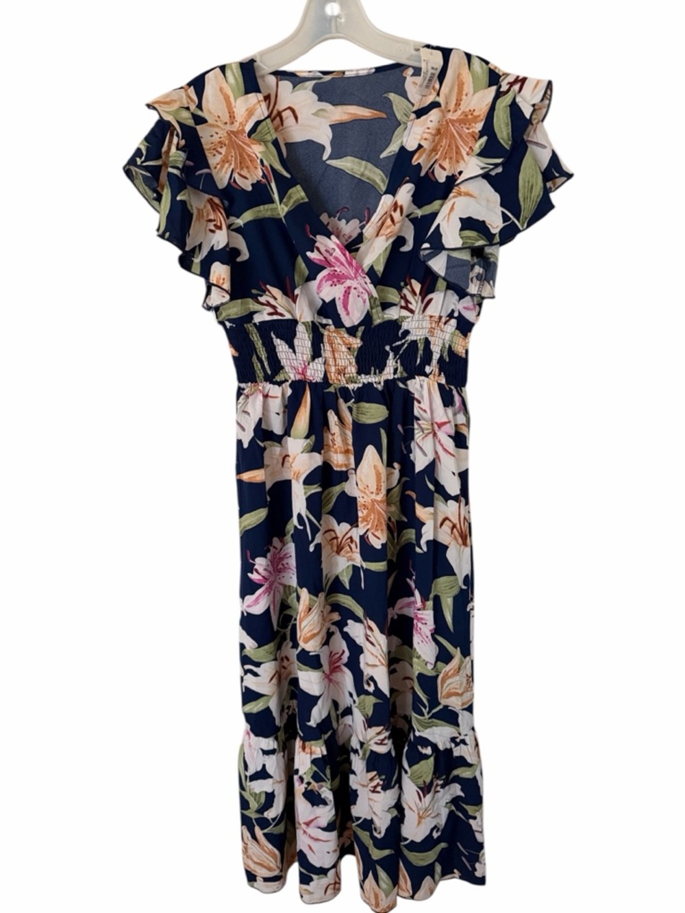 Navy V-neck tropical Floral dress short sleeve perfect for summer Aline NWT